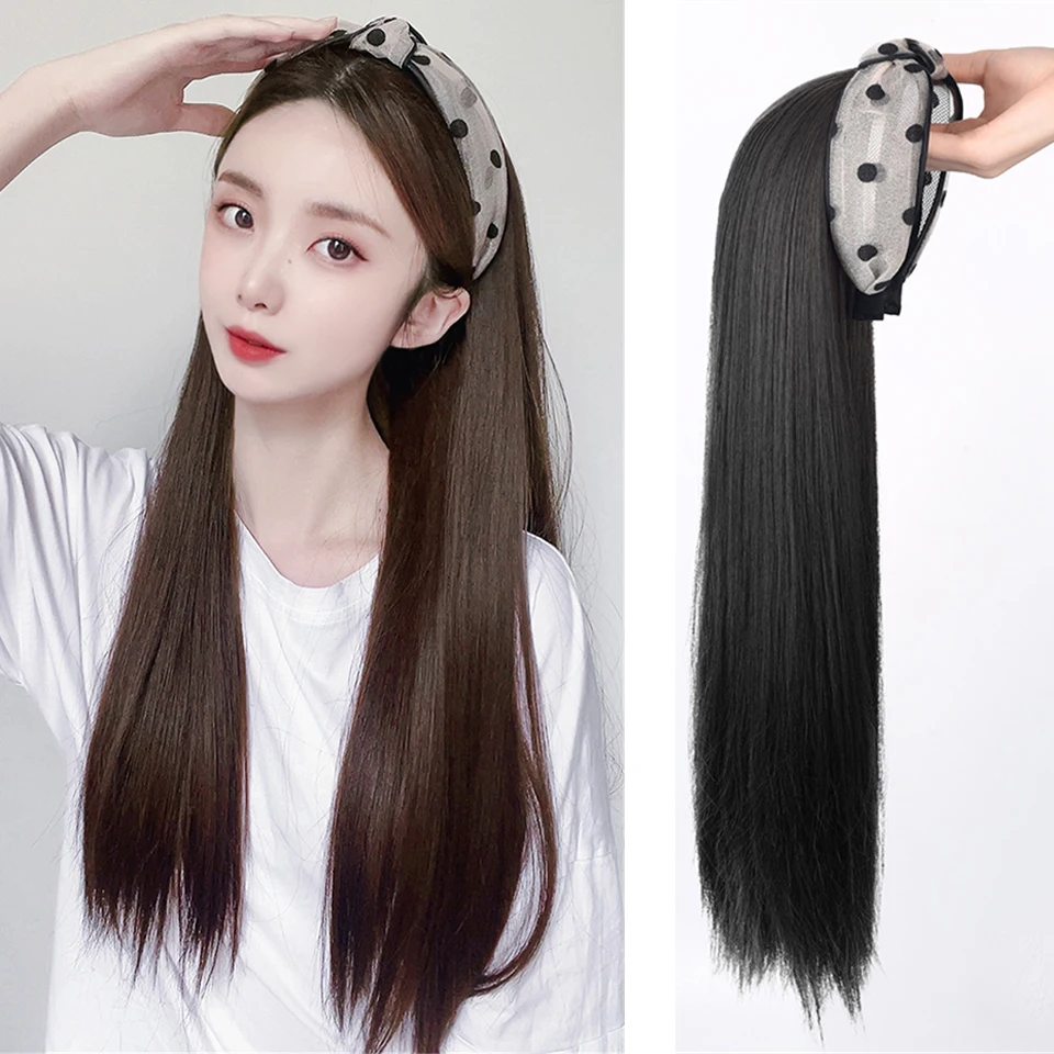 

Long straight hair faux chapeau perruque Extensions de cheveux synthétiques chapeau avec cheveux postiche naturelle pour les fe