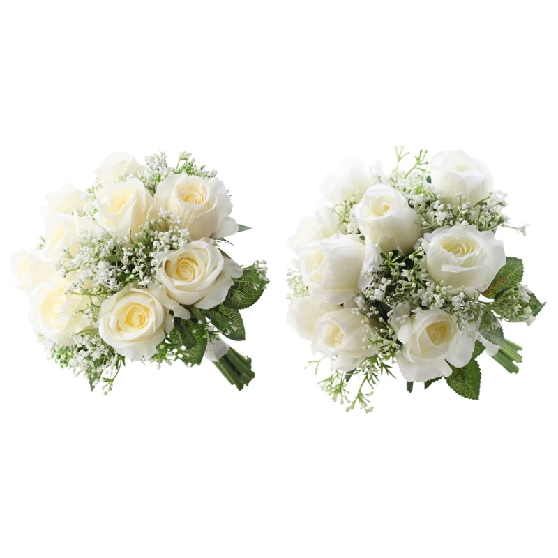 

Artificial Flower Roses with Babysbreath Leaves Wedding Bridal Bouquet Realistic Faux Plants Table Party Decoration