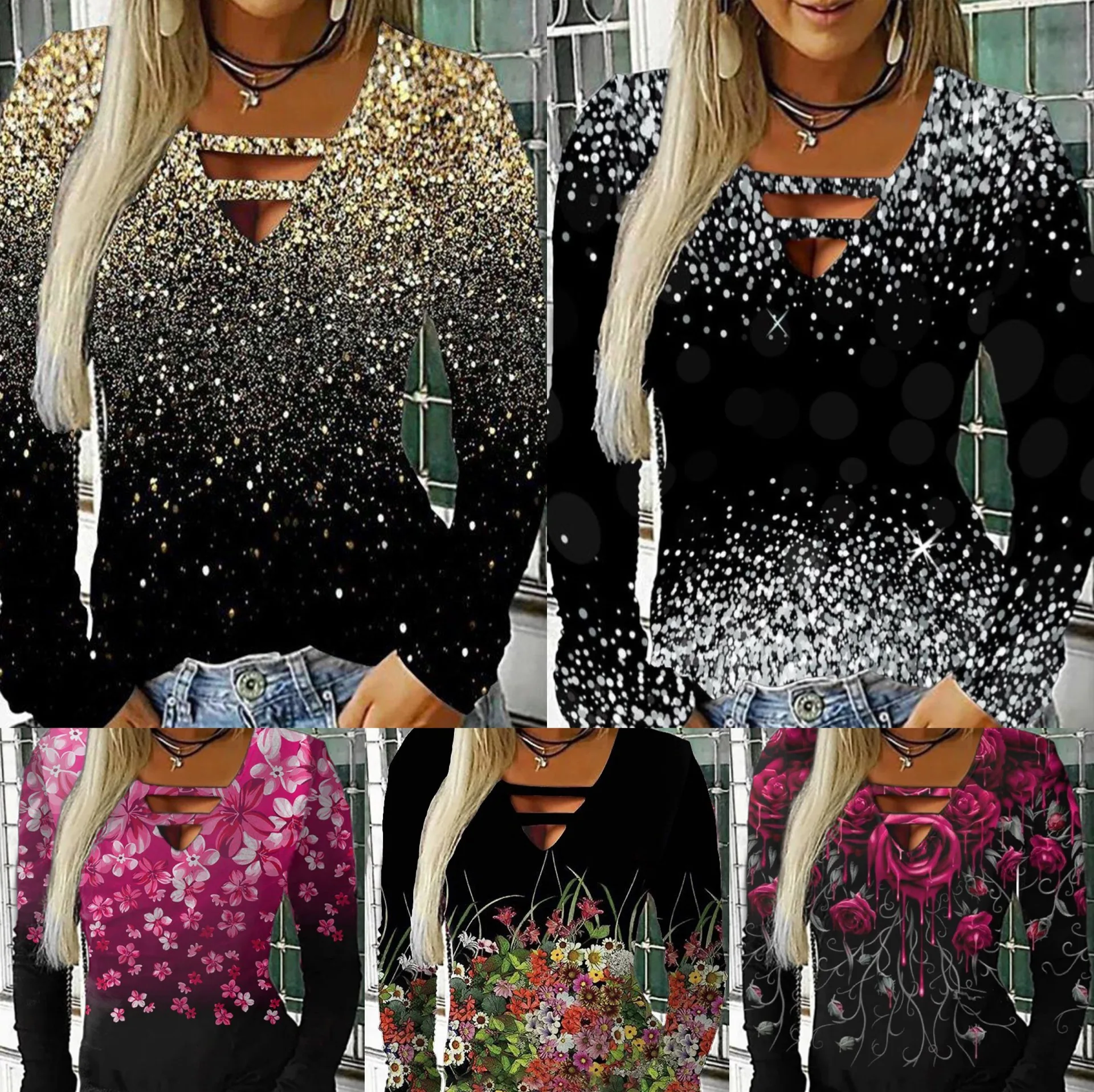 2022 Winter Belt Spring Autumn Women Plus Sizes Large Big Loose Sexy Printed Vintage T Shirts Tops Full Long Sleeve