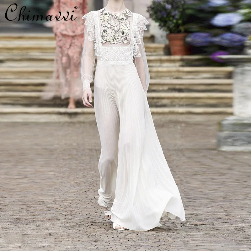 

2021 Autumn Women Clothing Fashion Retro Machine Embroidery Stitching Ruffle Dress High-End Lace Lace Long-Sleeved Dress