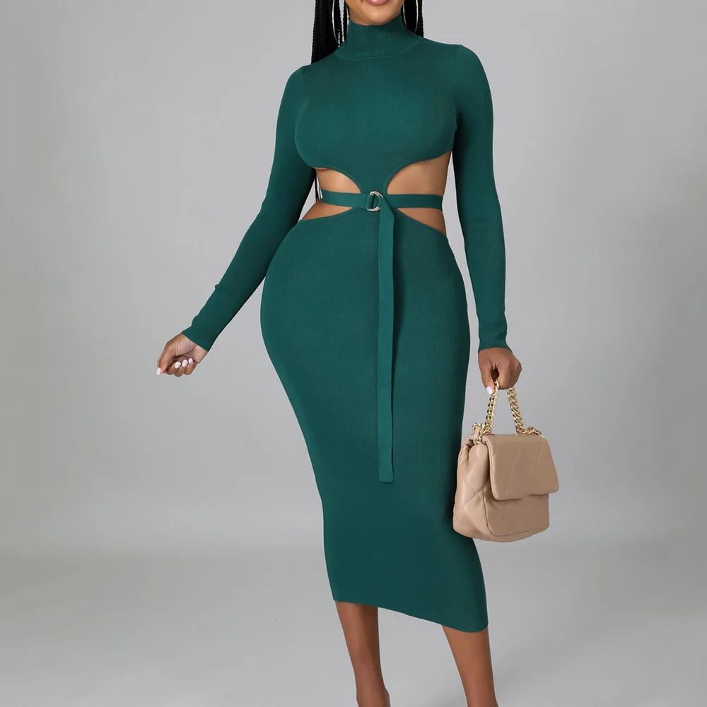 

Turtleneck Sweater Dress Women Knitted Sexy Hollow Belted Fashion Solid Vintage Long Sleeves Autumn Female Dress Bodycon 2021