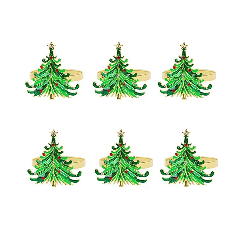 

6 зеленых кольца для салфеток с рождественской елкой, золотые кольца с красным и белым бриллиантом для рождественского обеденного стола