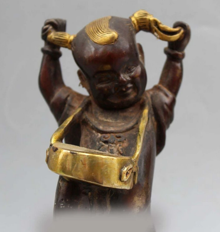 803++++++8&quotChina Chinese Folk Art Bronze Gild Lucky Boy perform Drums and gongs Statue | Дом и сад