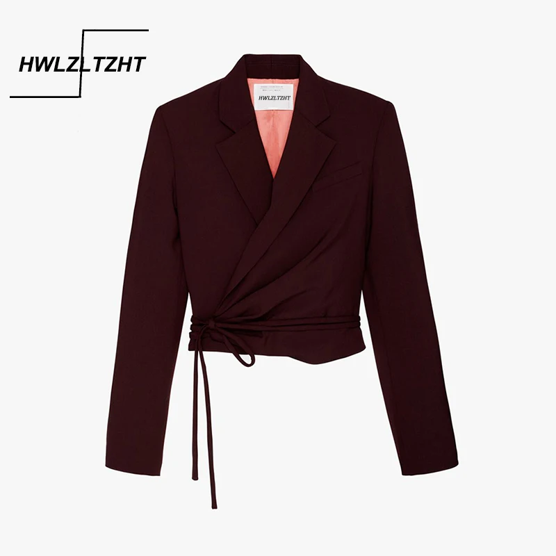 

HWLZLTZHT Vintage Cropped Wrap Blazer 2021 Long Sleeve Shoulder Pads Pleat Casual Blazers Coat Woman Chic Front Tie Outerwear
