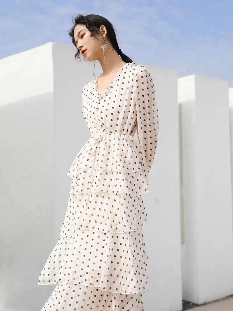 Женское Повседневное платье средней длины элегантное в горошек с v-образным