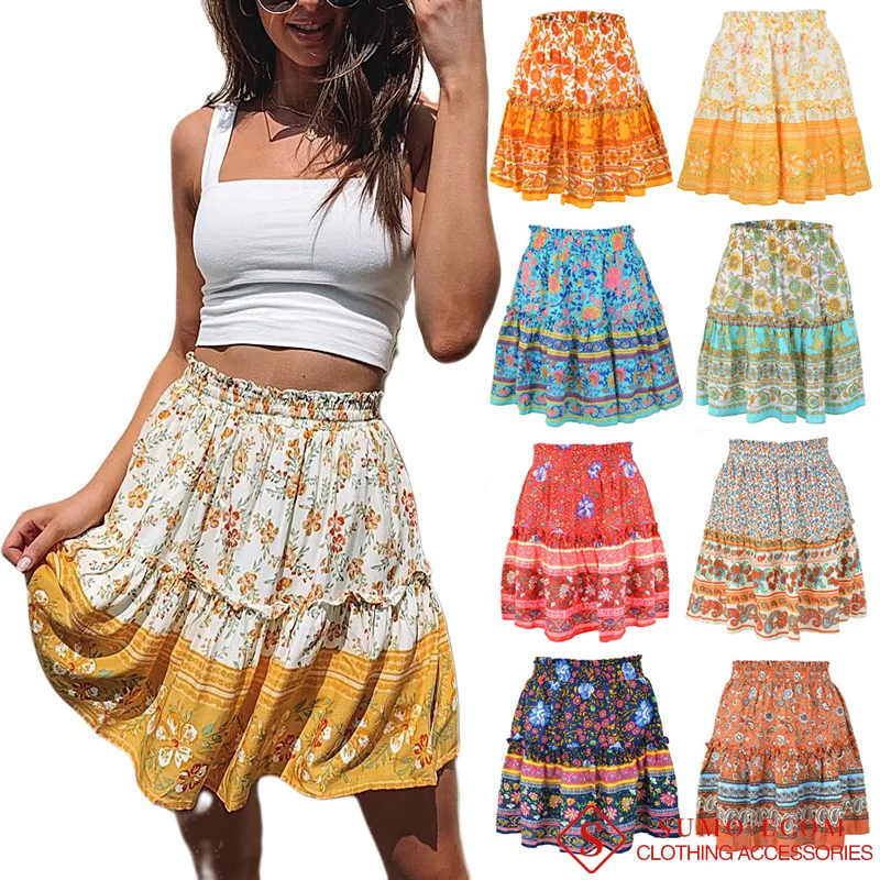 Женская короткая юбка в богемном стиле шифоновая плиссированная средней длины с