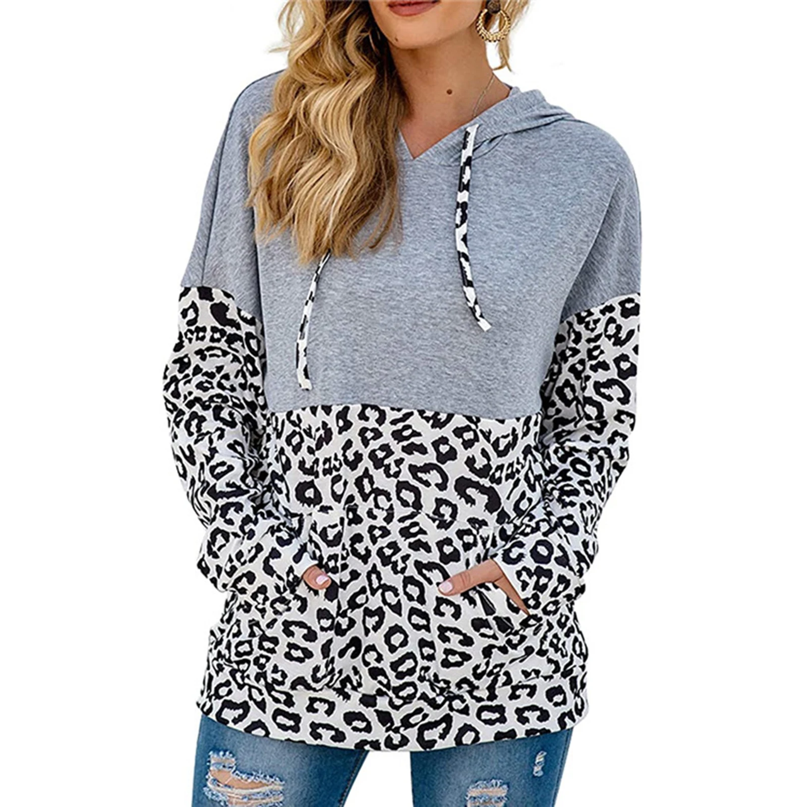 

2021 Fashion Leopard Print Hoodie for Women Color Block Sweatshirt Casual Pullover Lightweight Drawstring Pockets Tops