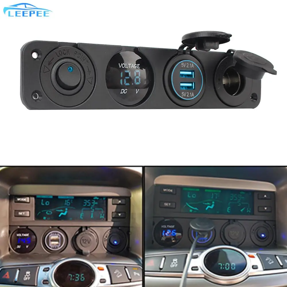 

4 In 1 12V Car Charger Cigarette Lighter Power Charger Socket Dual USB Socket Digital Voltmeter ON/Off Rocker Car RV Ship