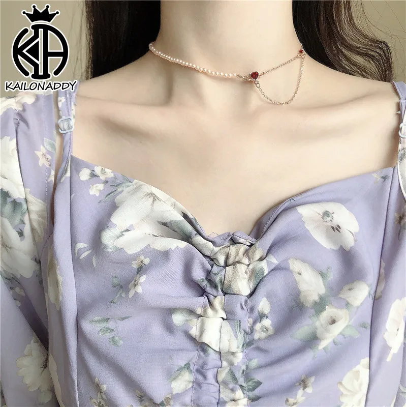 

Girly Love Heart Shaped Pearl Necklace Luxury Simulated-pearls Red Heart Choker Cubic Zircon Love Women Necklace