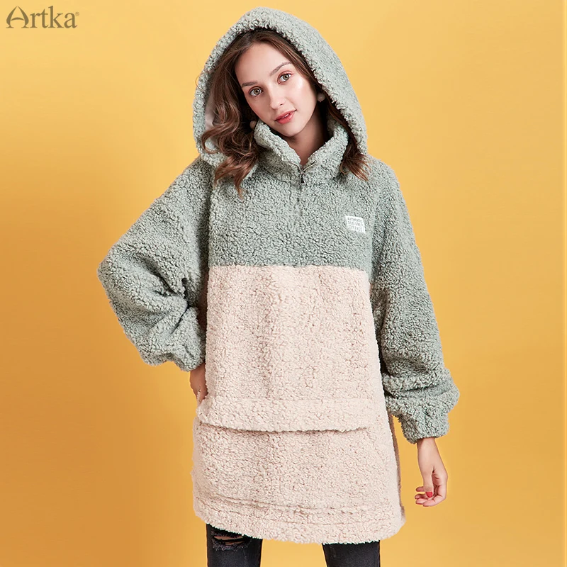 Женская толстовка с капюшоном ARTKA зеленая Толстовка большого размера плюшевой