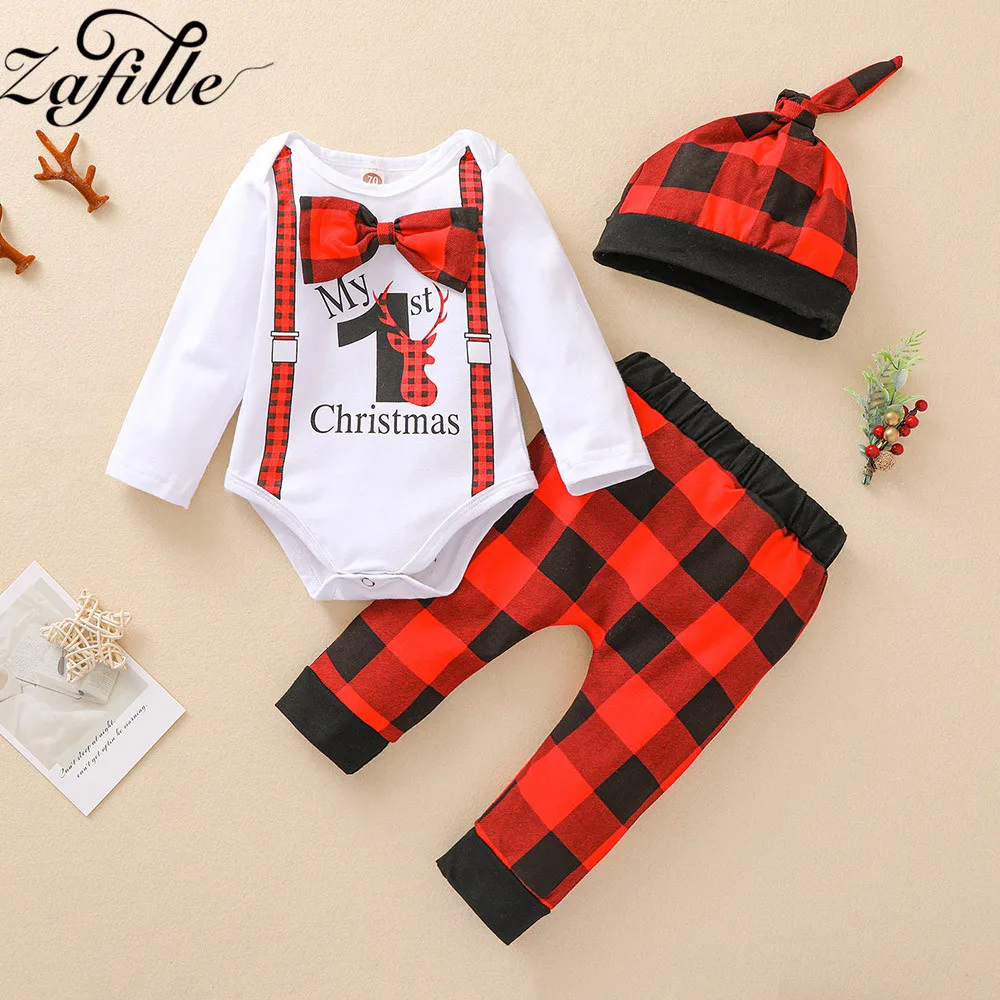 ZAFILLE My First Christmas Outfits For Baby Boy Clothes Set and Hat Xmas Deer Romper+Plaid Pants Costume |