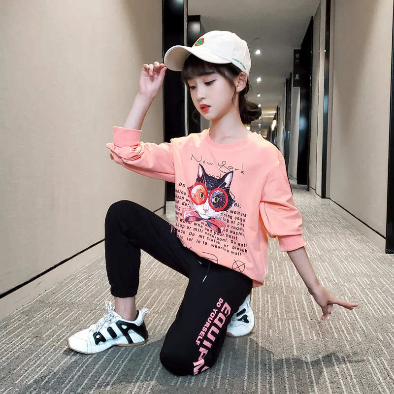 13 14 Year Cute Kids Pink Cartoon O-Neck Beauty Suit 2020 New Autumn Fashion Sports Two Piece Sets Little Girl Boutique Clothes