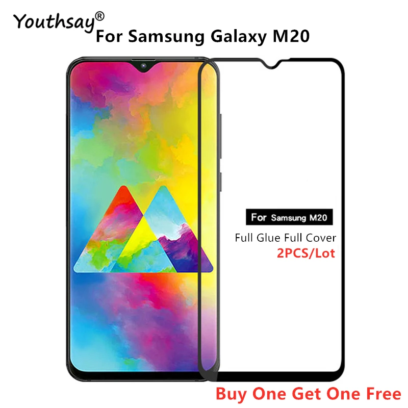 Protector de pantalla de vidrio para Samsung Galaxy M20, 2 unidades, pel&iacute;cula de cobertura de pegamento completo para Samsung Galaxy M20, pel&iacute;cula de vidrio para Galaxy M20-0
