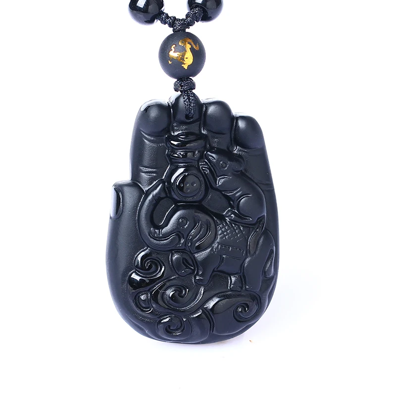 Натуральный черный обсидиан бусы ожерелье ручной работы Зодиак слон крыса