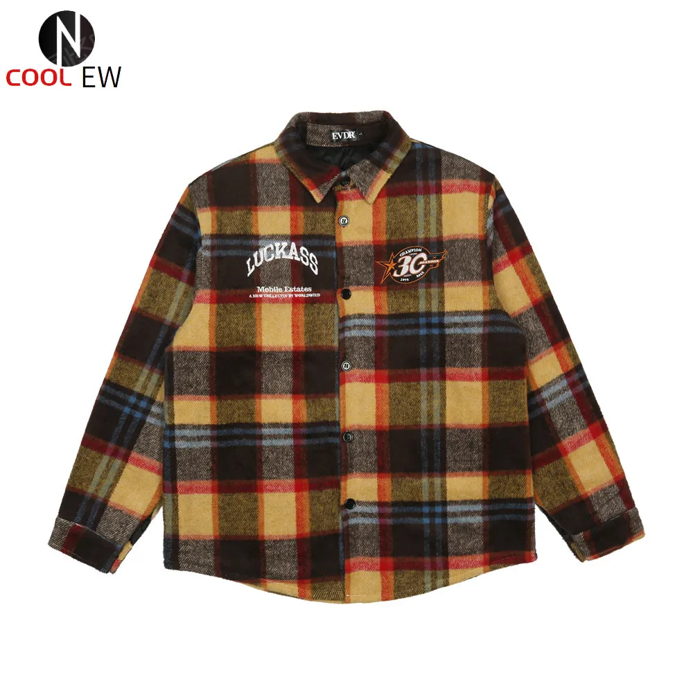 

Letter Embroidery Thick Plaid Jacket Mens Winter Casual Quilted Jacket Amekaji Loose Lapel Shirt Jacket Outerwear Men