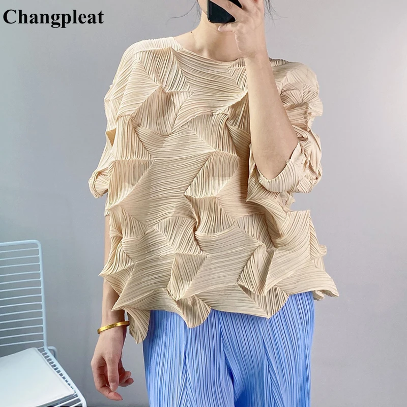 2021 Autumn New Women T-shirt Miyak Pleated Fashion Loose Large Size Female T-shirts Tops Tide