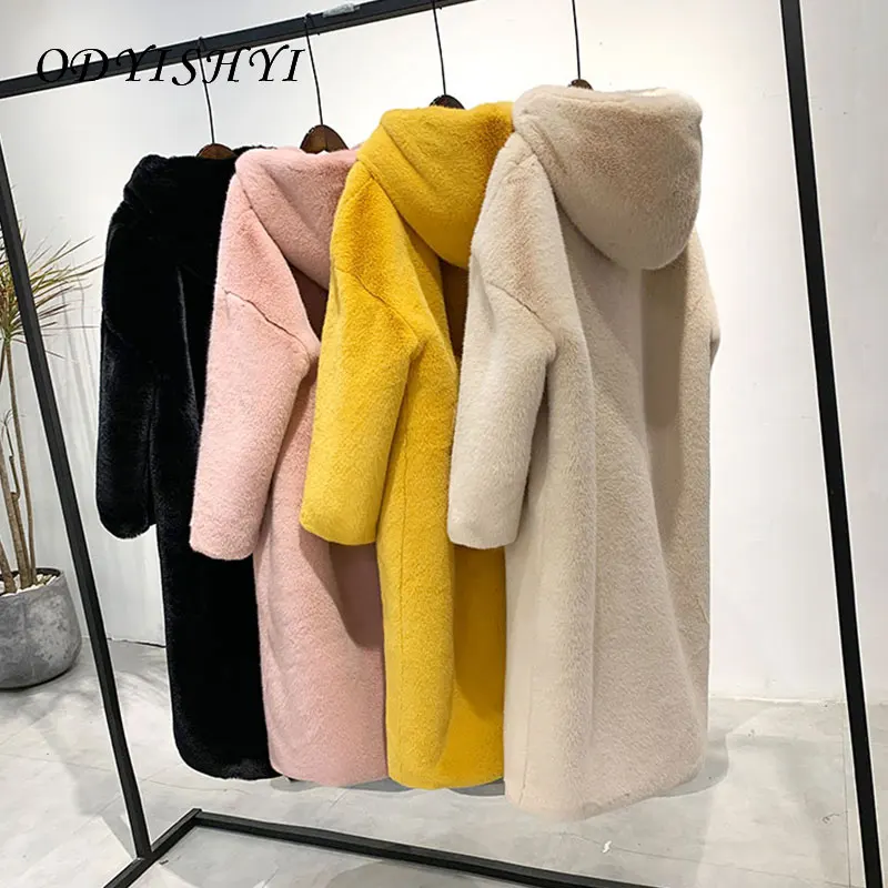 

2020 Winter New Plush Coat Imitation Mink Faux Fur Jacket Hooded Women Parka Thick Warm Mid Long Outwear Female Large Size Loose