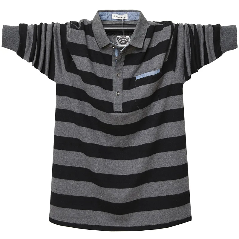

5Xl Large Size Men Spring Autumn Striped Polo Shirt Long Sleeve Turn Down Collar Classical t-Shirt Chest Pocket Cotton Tee Male