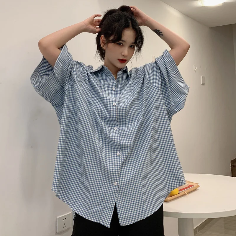 

Summer Korean Style Large Size Women's Clothing for Fat Girls Retro BF Loose Mid-Length Polo Collar Student Short Sleeve Plaid