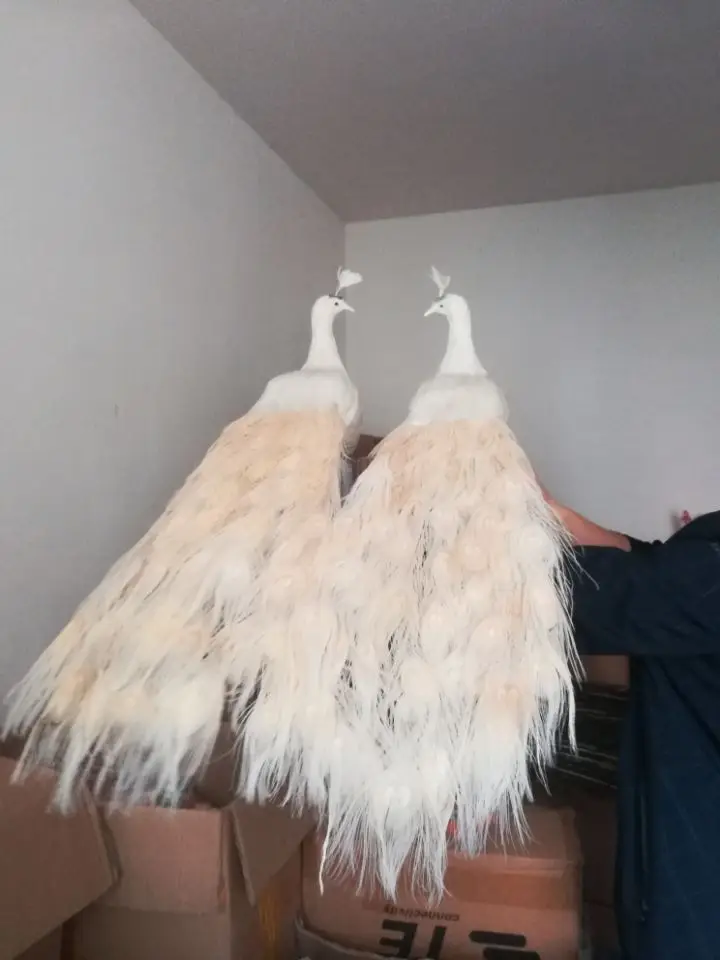 Un par de pavos reales blancos de la vida real modelo de espuma y pluma Pavo real p&aacute;jaro regalo alrededor de 80cm XD0069-2