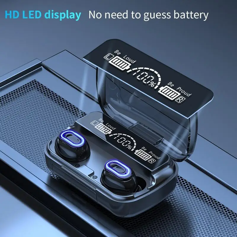 m1 tws 5 1 large screen led three electric digital display touch breathing light bluetooth headset emergency charging headphones free global shipping