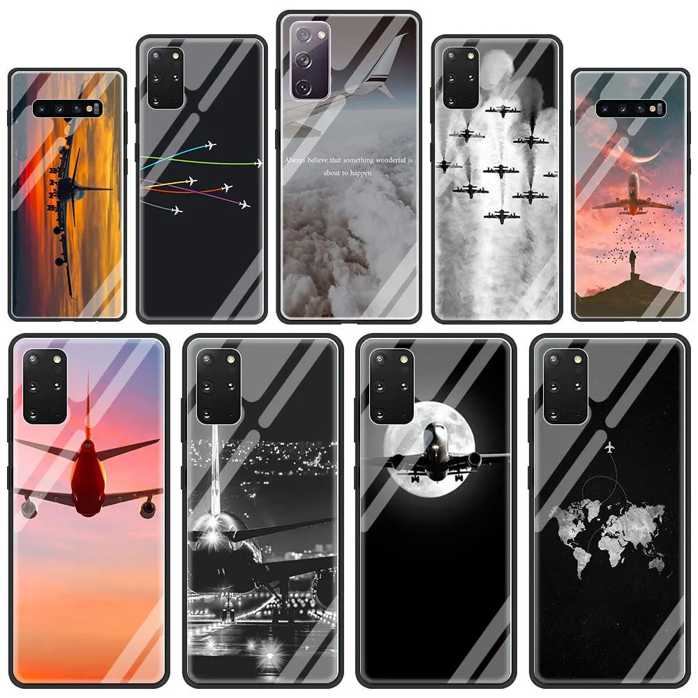 

Aircraft Airplane fly travel Glass Phone Case for Samsung Galaxy S21 S20 FE S10 Note 10 20 Ultra 5G 9 S9 Plus S10e Cover Coque
