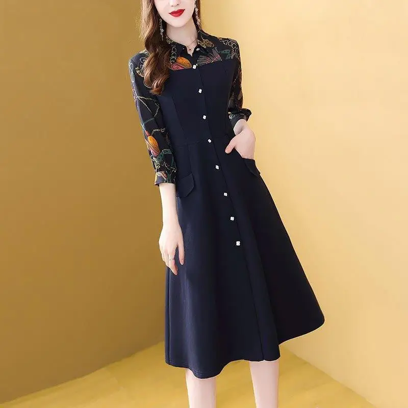 

Women's Spring Autumn Style Dress Women's Turn-down Collar Button Long Sleeve Pockets Printed Elegant Vintage Dress SS1617