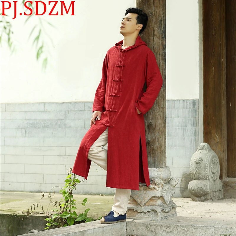

PJ.SDZM 2018 New Autumn Winter Coat Thickened Man and Woman Hooded Trench Coat National Style Long Cardigan Lovers