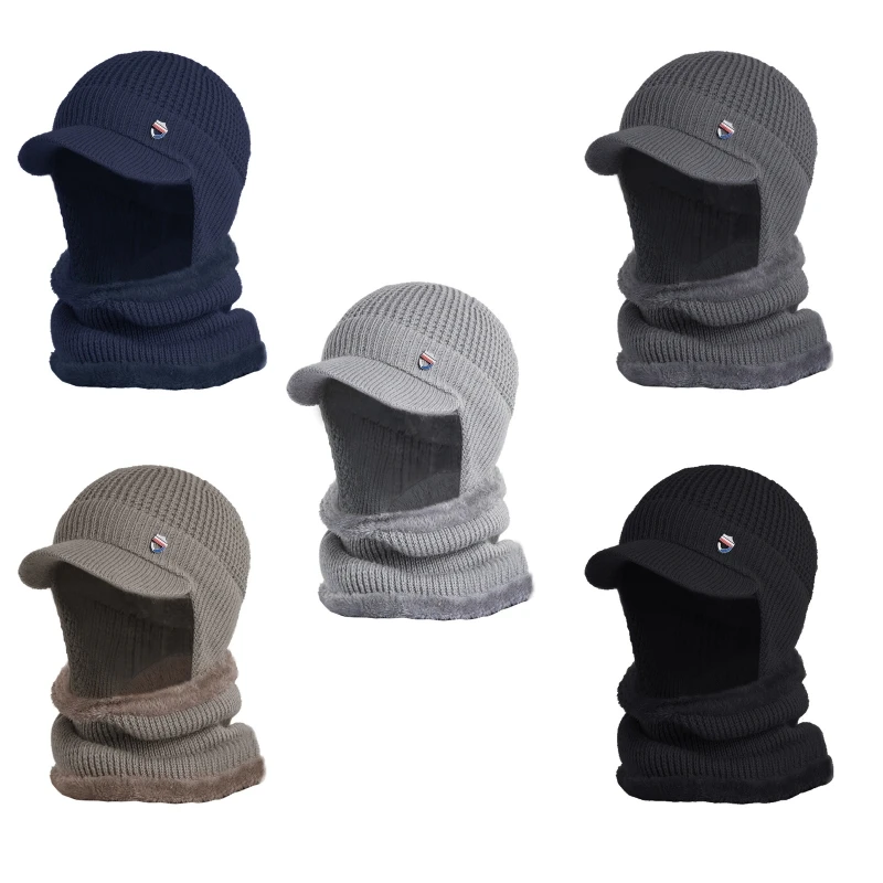 

Men Winter 2Pcs Set Visor Earflap Beanie Hat with Scarf Knit Plush Lined Warmer 85WB