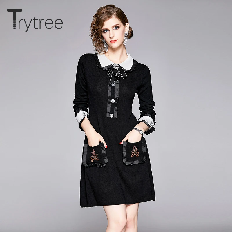 Trytree Autumn Winter Women Dress Casual Peter pan Collar Bow Embroidery Pocket Shirt Dresses Knitting Black Straight Mini Dress