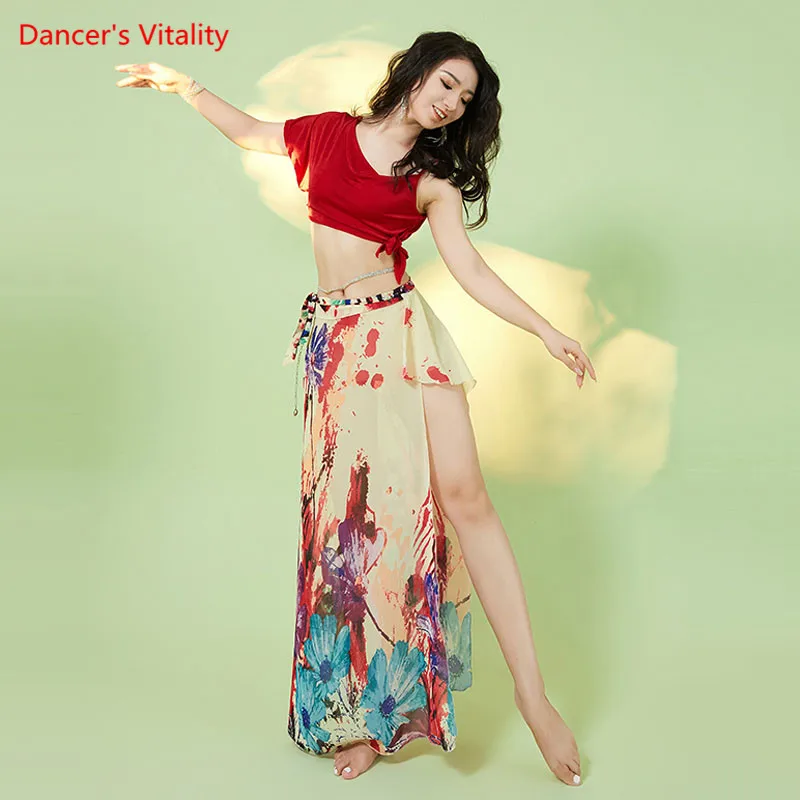 Женский костюм для танца живота элегантный красный топ с длинной юбкой одежда