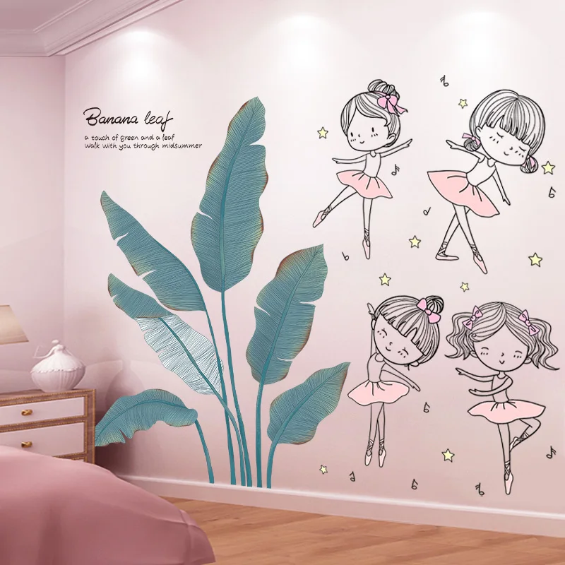 

[shijuekongjian] Banana Tree Leaves Wall Stickers DIY Cartoon Girl Dancers Wall Decals for Living Room Kids Bedroom Decoration