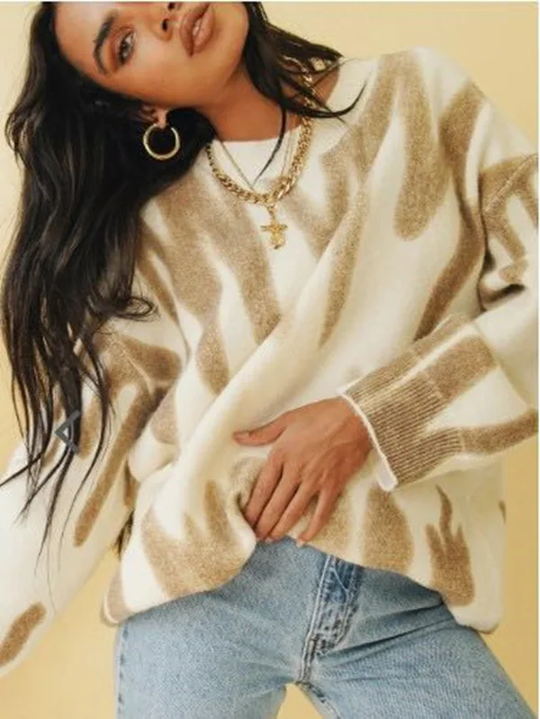 

Korean Fashion Khaki Stripes Print Loose Sweaters Women Winter Hip-Pop Oversized Long Pullovers Streetwear Outerwear 2021