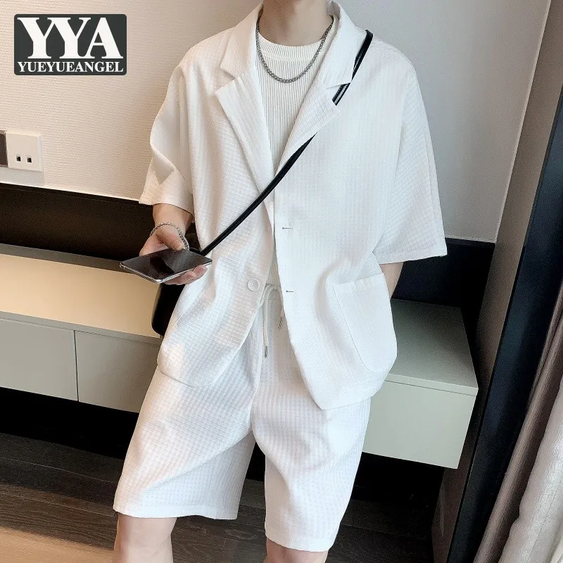 

Мужской летний Дизайнерский Костюм в стиле Харадзюку, свободный костюм из двух предметов, шорты до колен, Повседневная Уличная одежда