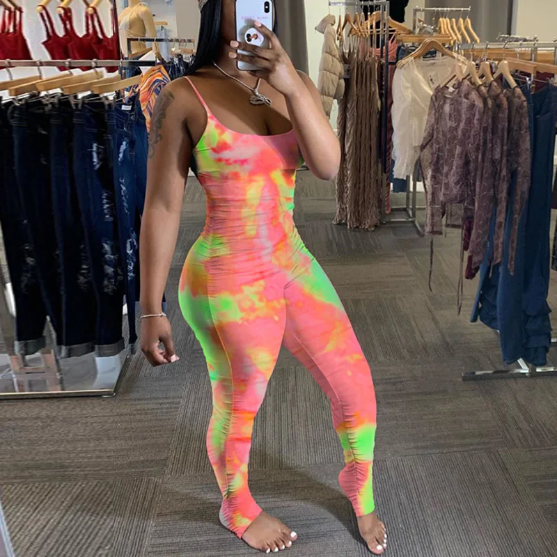 

Women Abstracted Tie Dye Printed Spaghetti Strap Sleeveless Skinny Jumpsuits Solid Chic Skinny Overalls