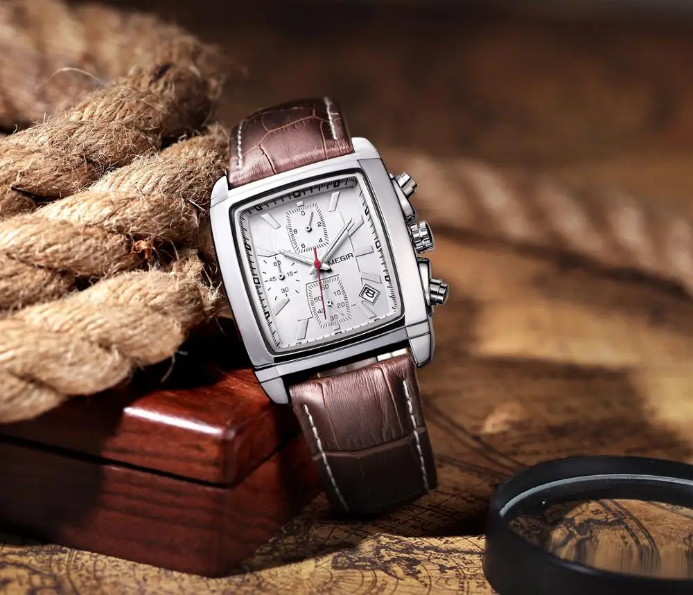 Мужские кварцевые наручные часы MEGIR оригинальные в стиле милитари с кожаным