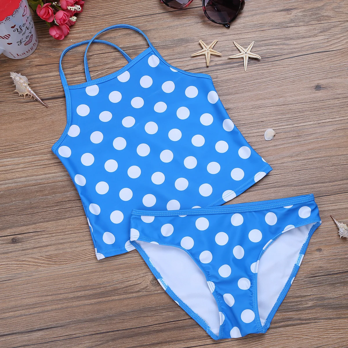 2 шт. танкини в горошек для девочек купальный костюм детские топы с бретельками на