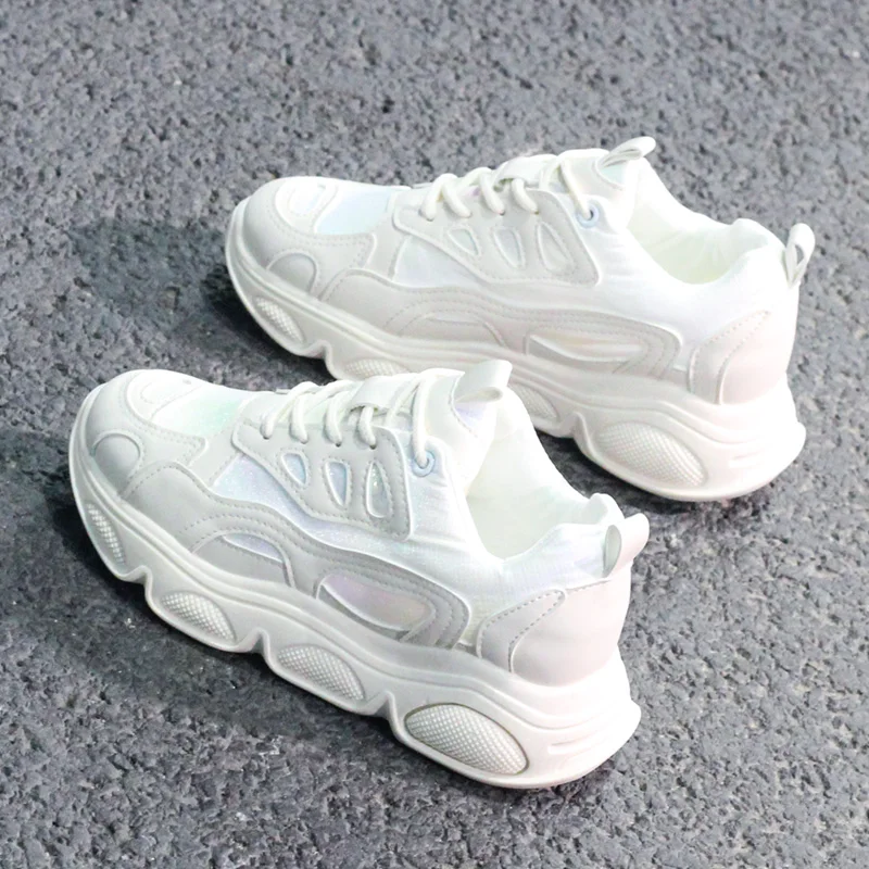 

Fashion shoes female mesh breathable and comfortable recreational shoe soles thick yellow pink white, cream-colored, 2020