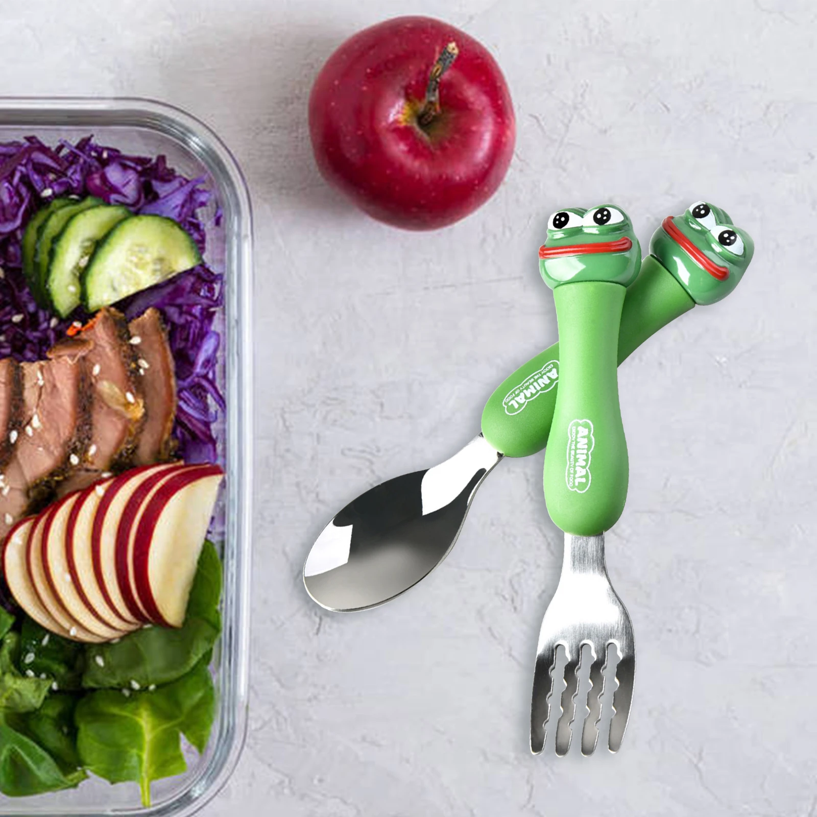 

2pcs 304 Stainless Steel Children Cutlery Cartoon Baby Flatware Kids Toddler Training Tableware Set Flat Edge Spoon Grooved Fork