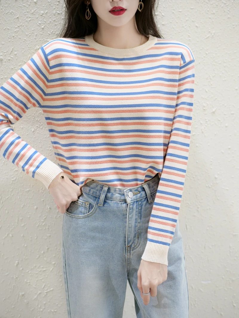 21245 (2, 6 row of no. 1) three color stripe round neck long sleeve turtleneck sweater sweater [1637] 34