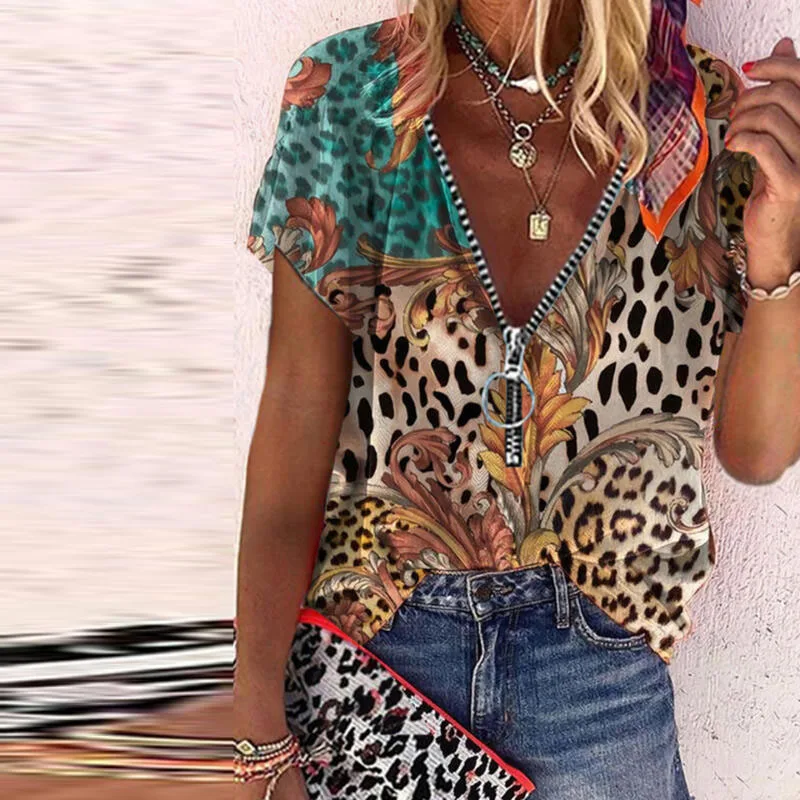 

Vintage Pattern Print Harajuku Loose Shirt Blouse Summer V Neck Zipper Casual Tops Women Elegant Short Sleeve Beach Blusas 3XL