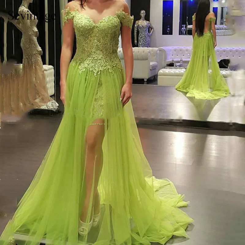 

Sevintage Sheer Tulle Long Lace Prom Dresses Slit Front Short Sleeves Evening Gowns Illusion Back Custom Made robe de soiree