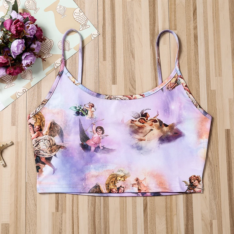 Meihuida Fashion Women Angel Printed Vest Bra Crop Top Sleeveless Tube Spaghetti Strappy Bandeau Stretch Skinny Camis