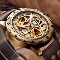 shenhua retro skeleton top brand bronze brown leather men automatic mechanical watches male sport luxury relogio masculino clock