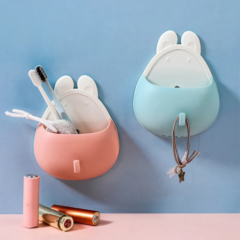 

Rabbit Shape Shelf Wall-Mounted Self-adhesive Toiletries Storage Box Room Waterproof Holder Cartoon Toothbrush Rack With Hooks