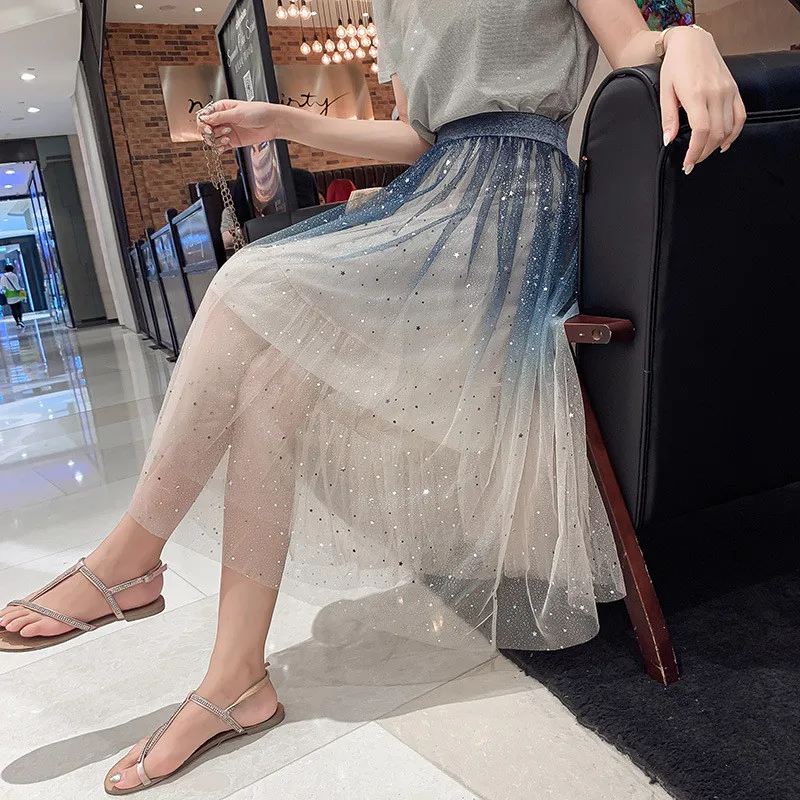 Весенне летние женские модные плиссированные юбки из тюля градиентного цвета