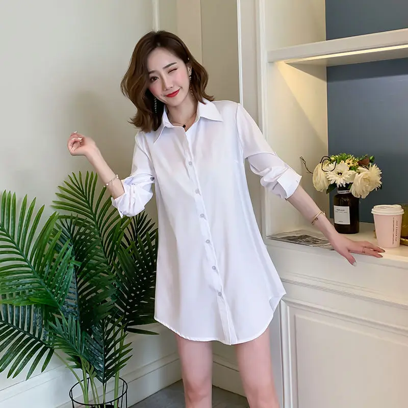 

Korean Style Spring and Autumn Women's Mid-Length Shirt Female Solid Top Fashion Slim Fit Large Size Long Sleeve Lapel Shirt