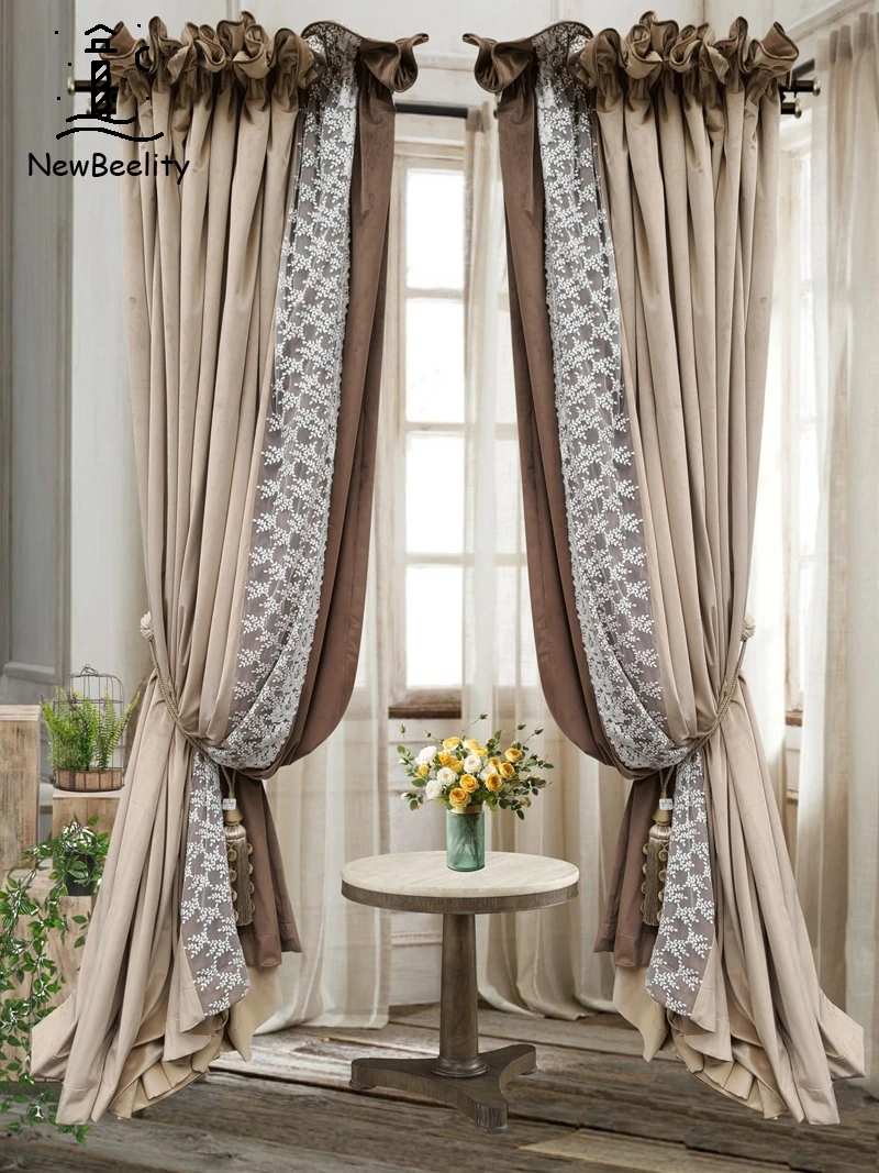 

French High-grade Solid Color Flannel Lace Stitching Blackout Curtains for Living Room and Bedroom Customized Products
