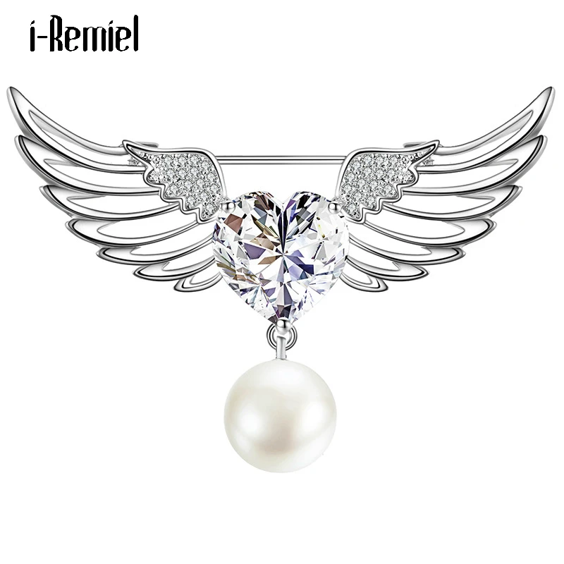 Женская Брошь с кристаллами крыльями ангела и перьями стразы в форме сердца
