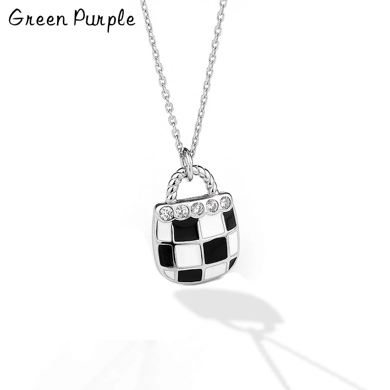 

Green Purple 925 Sterling Silver Simplicity Bag Design Pendant Necklace DripOil Black White Checkerboard Chain Jewelry For Women
